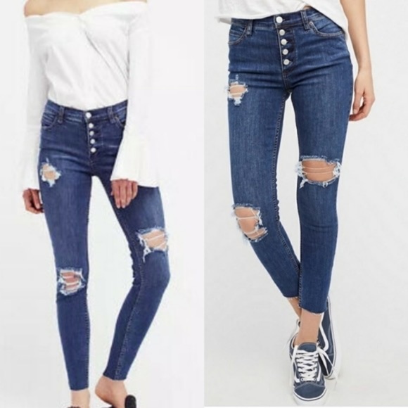 Free People Denim - Free People high waisted exposed button fly distressed raw hem jeans